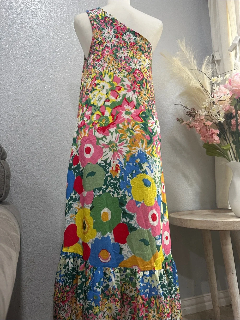 Anthropologie One-Shoulder Floral Maxi Dress in Pink, Yellow, Blue, Green